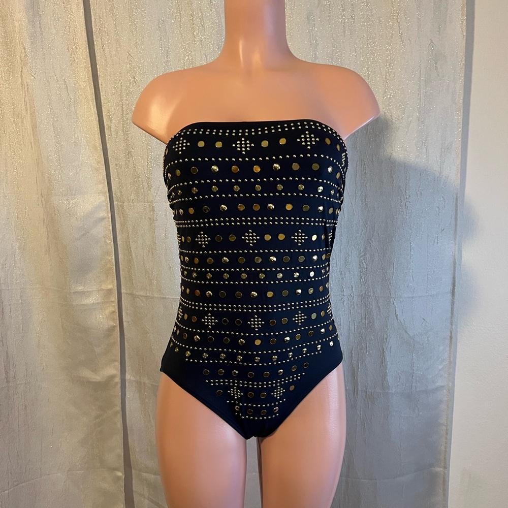 Michael Kors Black Strapless One-Piece with Gold Stud Accents